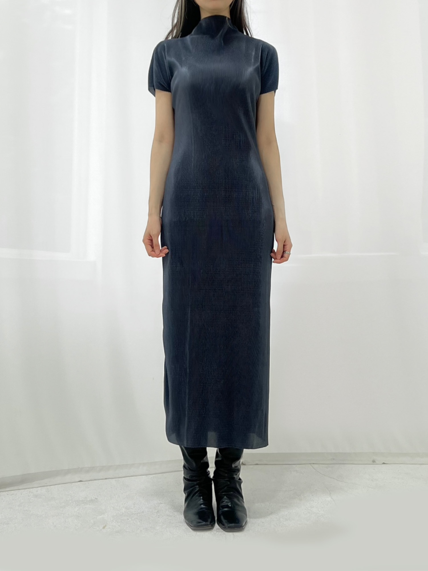 pleats dressy long dress _ blue gray